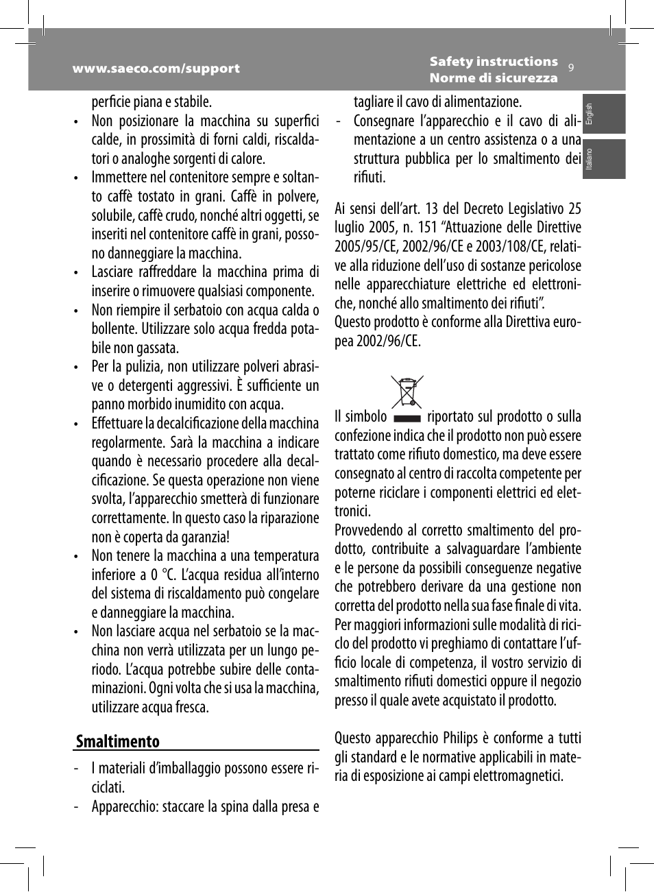 Smaltimento | Philips Saeco Minuto Machine espresso Super Automatique User Manual | Page 9 / 72