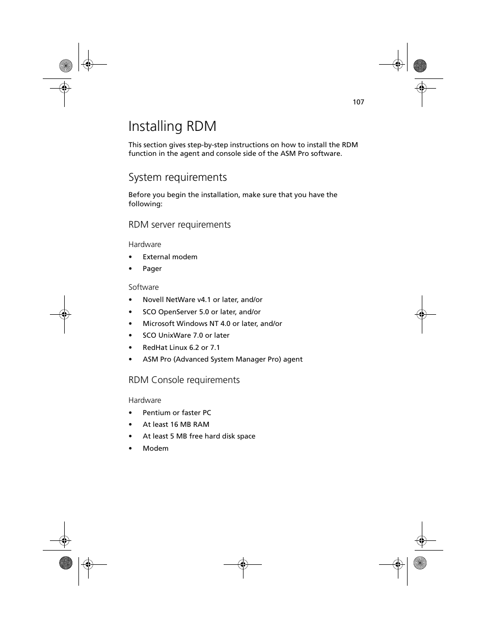 Installing rdm, System requirements | Acer Altos R500 User Manual | Page 117 / 142