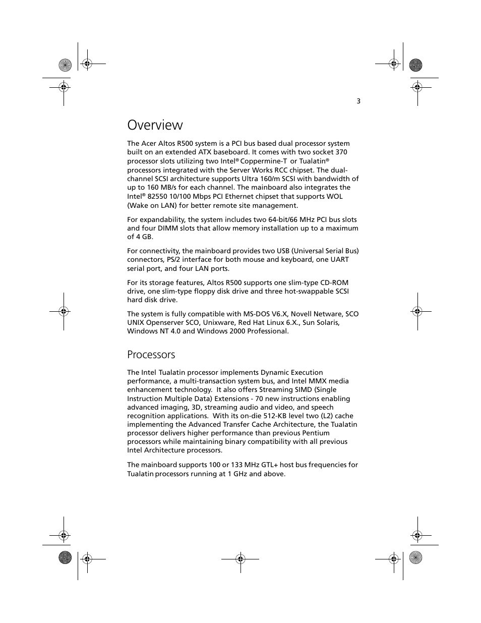 Overview, Processors | Acer Altos R500 User Manual | Page 13 / 142