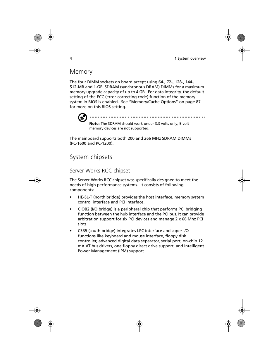 Memory, System chipsets | Acer Altos R500 User Manual | Page 14 / 142