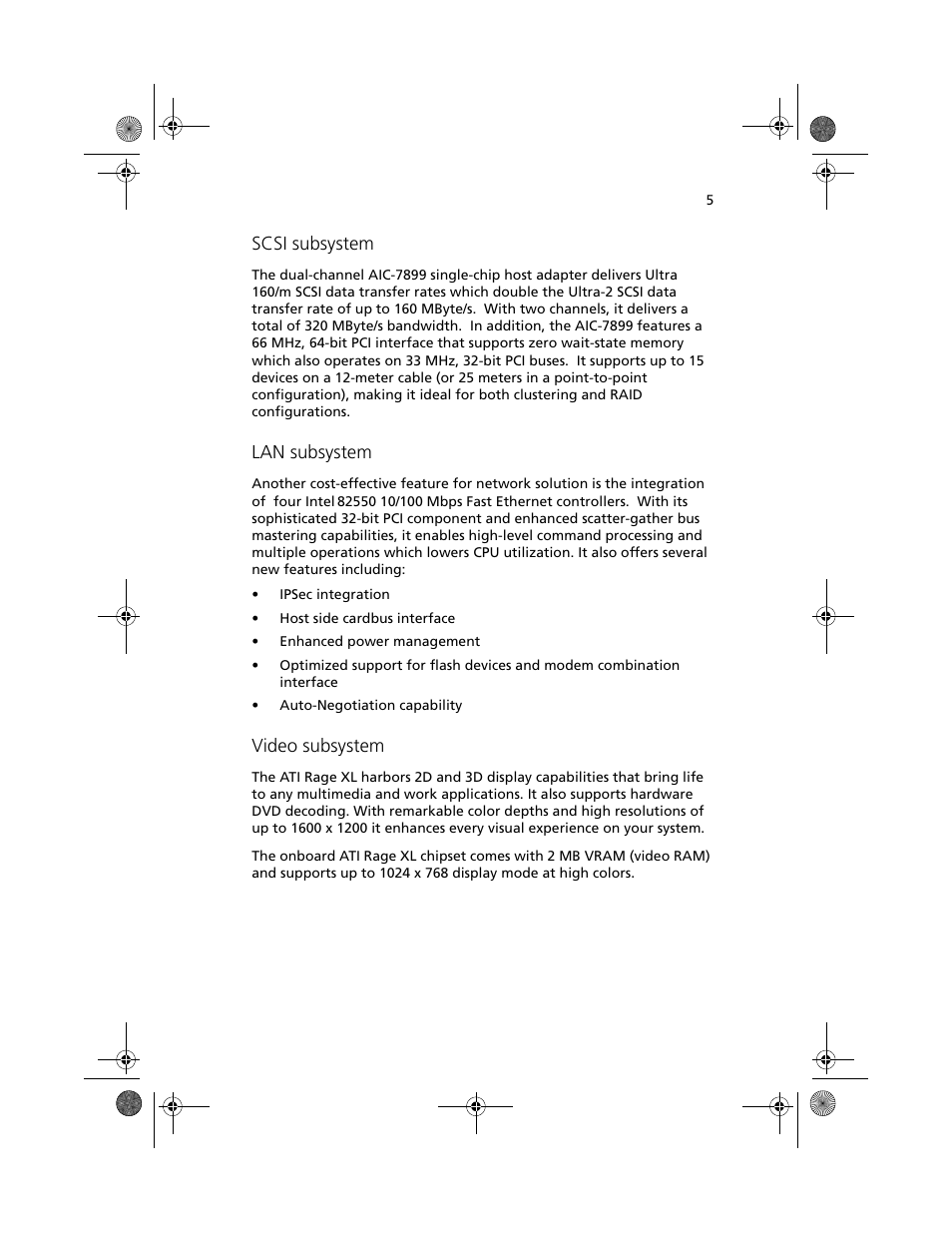 Scsi subsystem, Lan subsystem, Video subsystem | Acer Altos R500 User Manual | Page 15 / 142