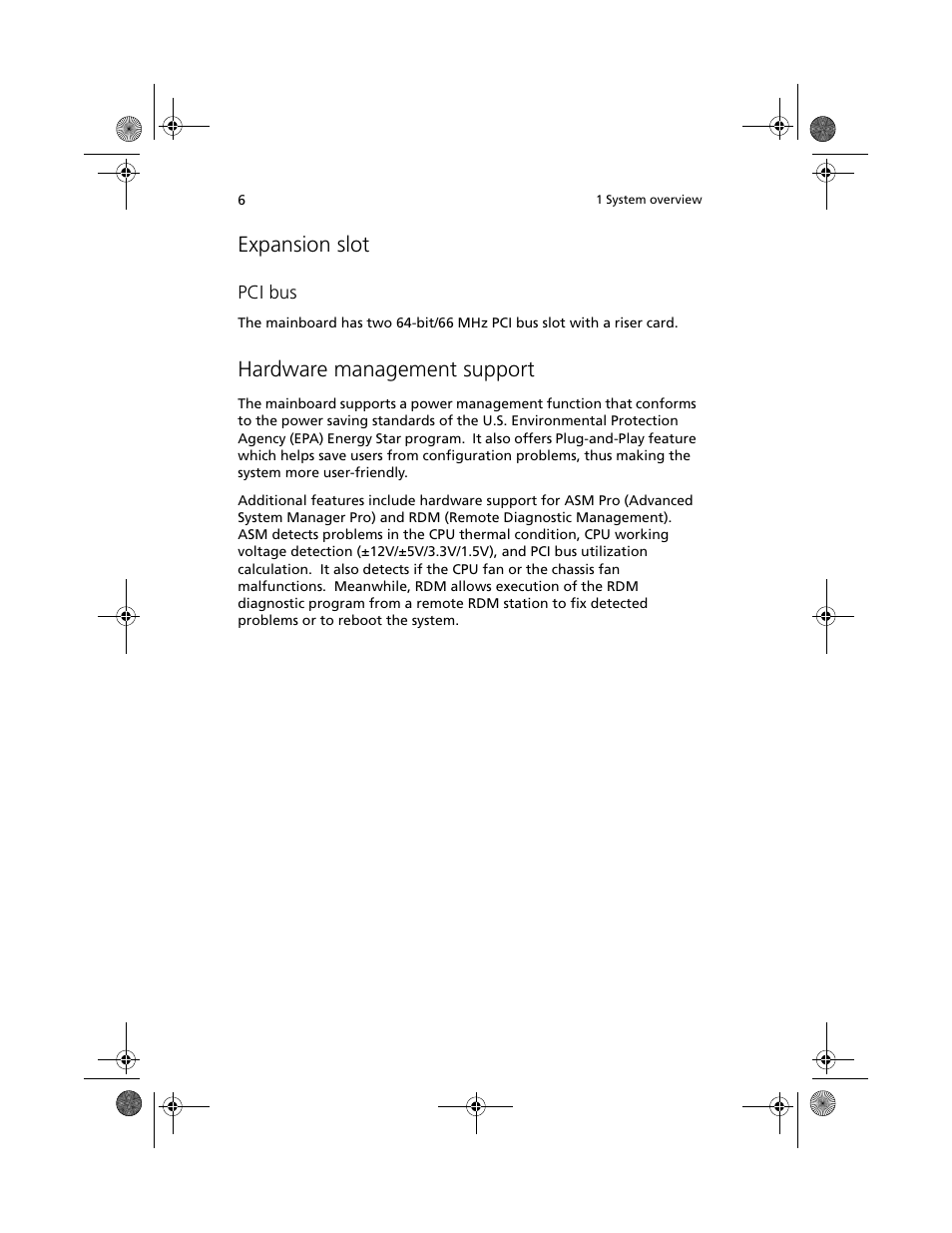 Expansion slot, Hardware management support | Acer Altos R500 User Manual | Page 16 / 142