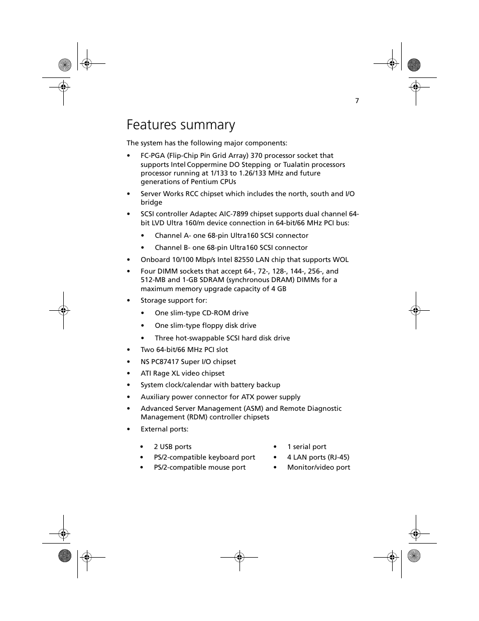 Features summary | Acer Altos R500 User Manual | Page 17 / 142