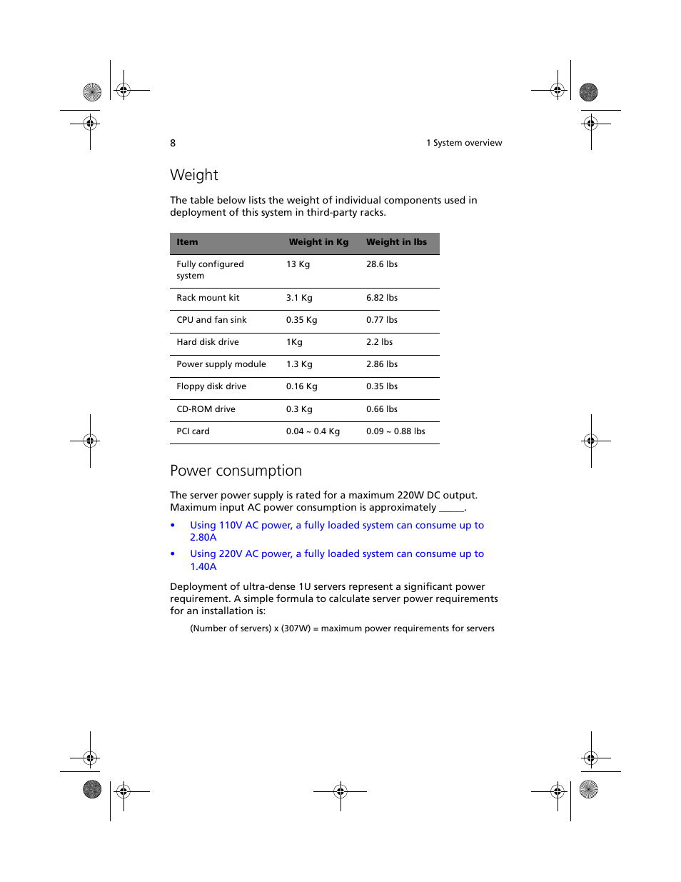 Weight, Power consumption | Acer Altos R500 User Manual | Page 18 / 142