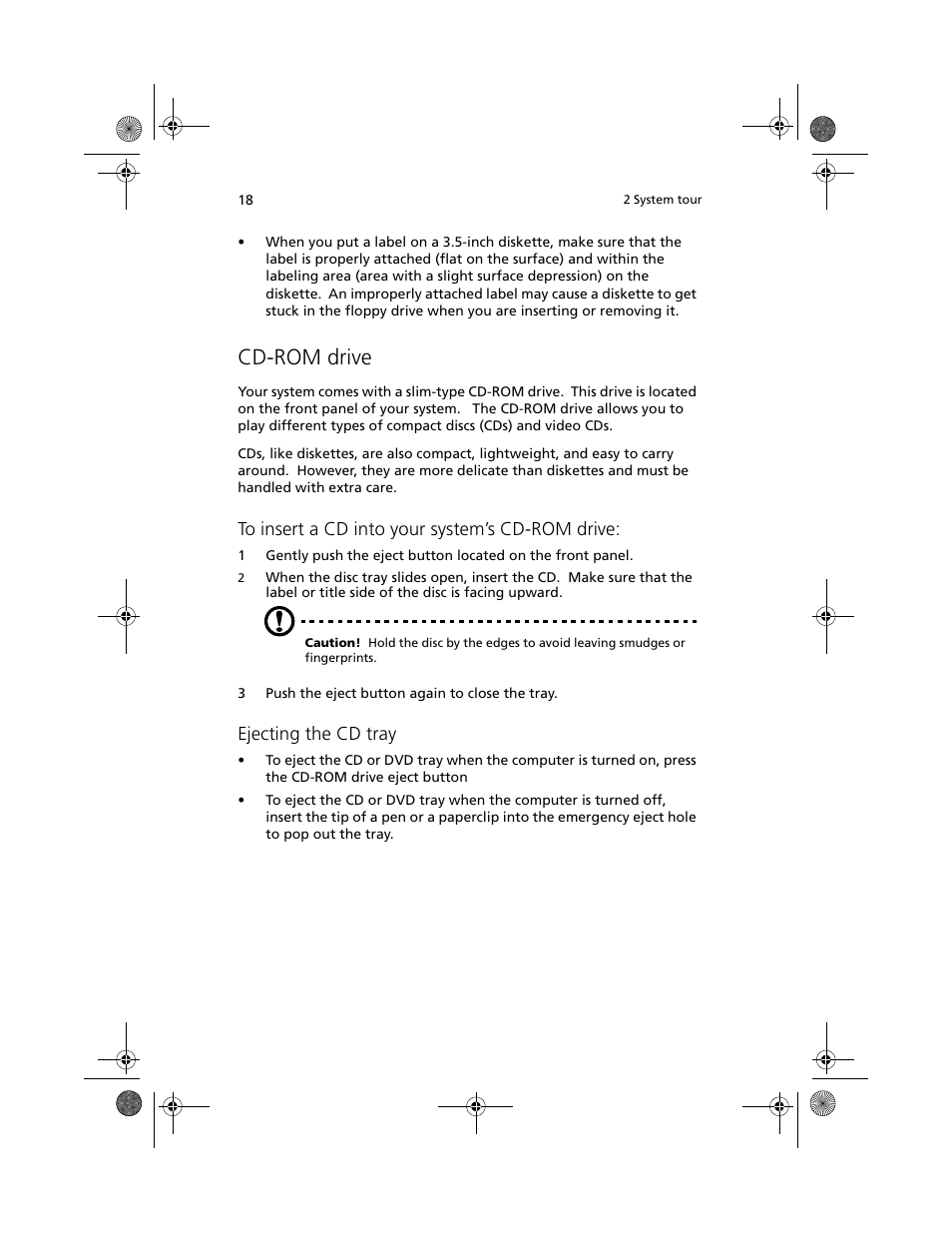 Cd-rom drive, Ejecting the cd tray | Acer Altos R500 User Manual | Page 28 / 142