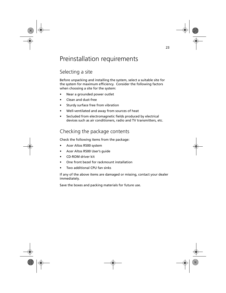 Preinstallation requirements, Selecting a site, Checking the package contents | Acer Altos R500 User Manual | Page 33 / 142