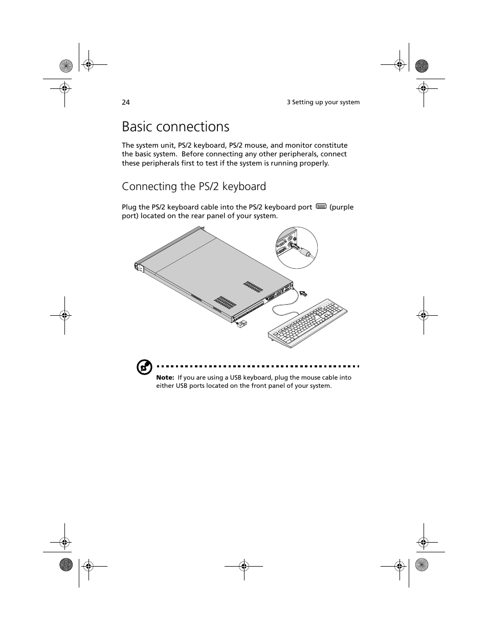 Basic connections, Connecting the ps/2 keyboard | Acer Altos R500 User Manual | Page 34 / 142