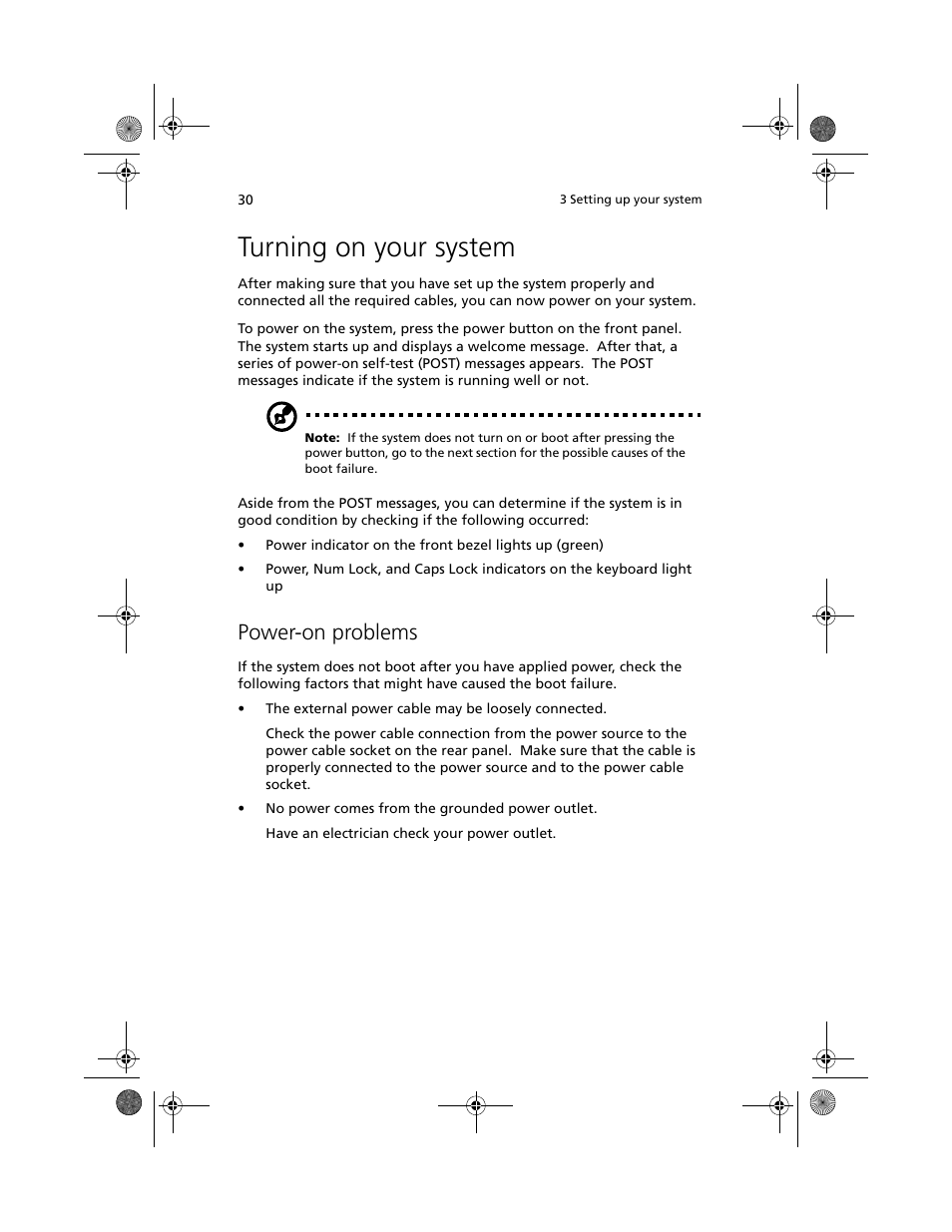 Turning on your system, Power-on problems | Acer Altos R500 User Manual | Page 40 / 142