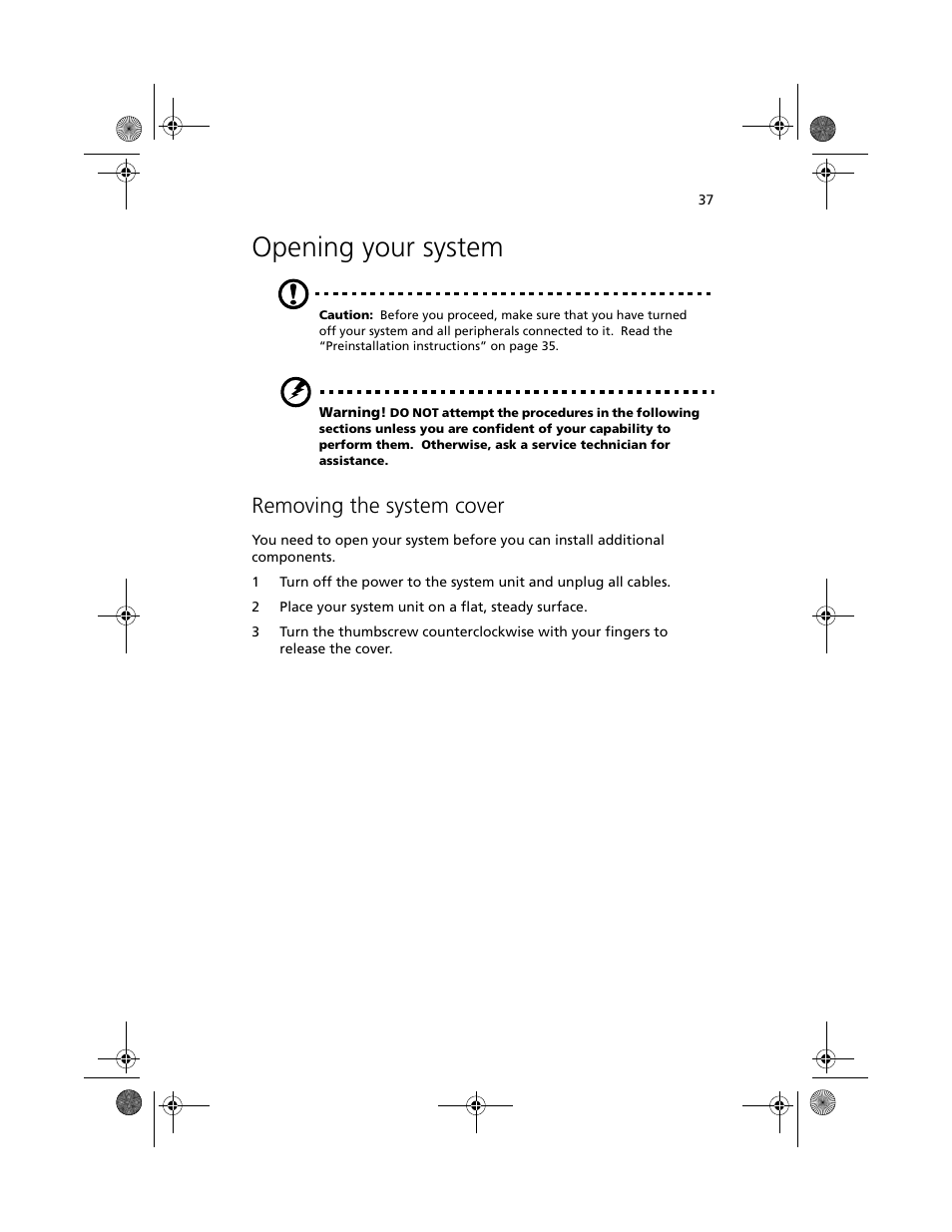 Opening your system, Removing the system cover | Acer Altos R500 User Manual | Page 47 / 142