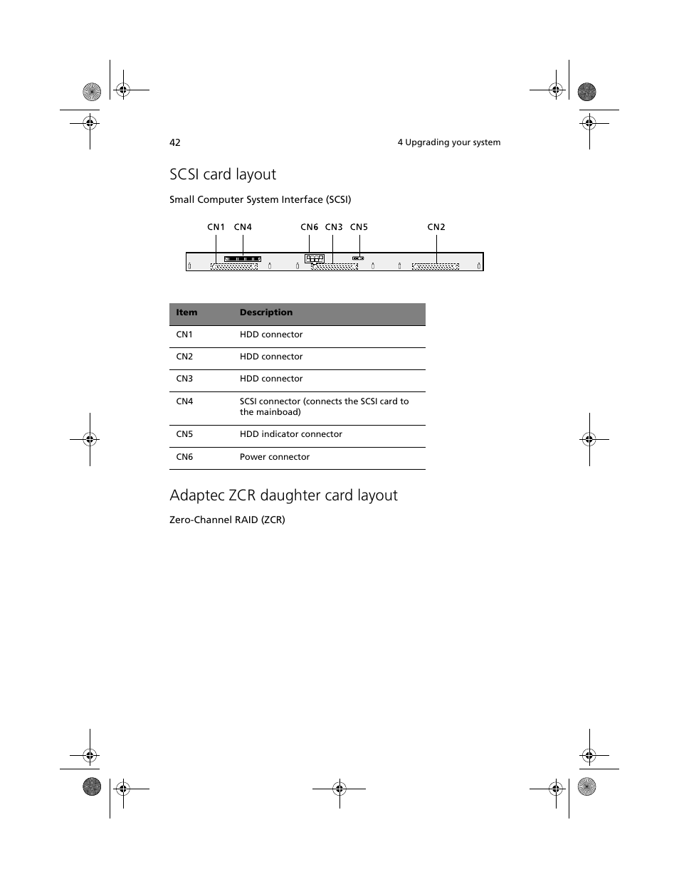 Scsi card layout, Adaptec zcr daughter card layout | Acer Altos R500 User Manual | Page 52 / 142