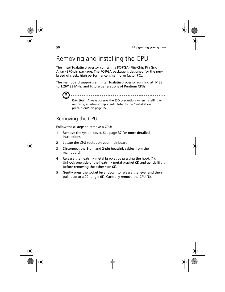 Removing and installing the cpu, Removing the cpu | Acer Altos R500 User Manual | Page 60 / 142