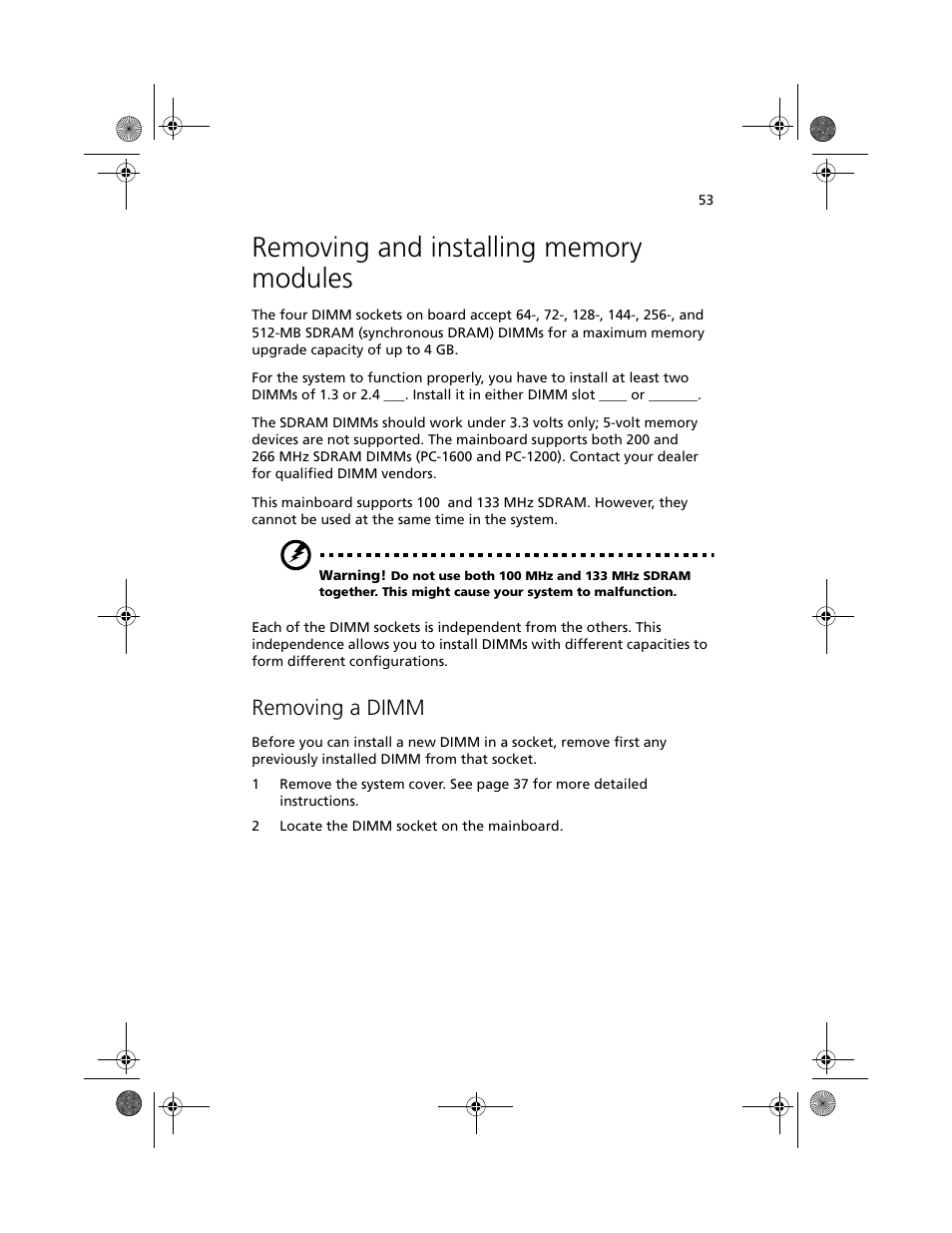 Removing and installing memory modules, Removing a dimm | Acer Altos R500 User Manual | Page 63 / 142