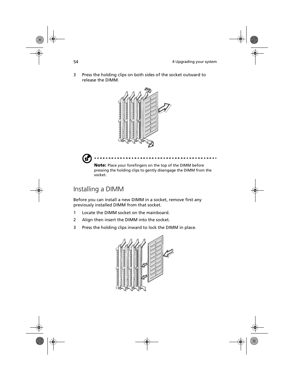 Installing a dimm | Acer Altos R500 User Manual | Page 64 / 142