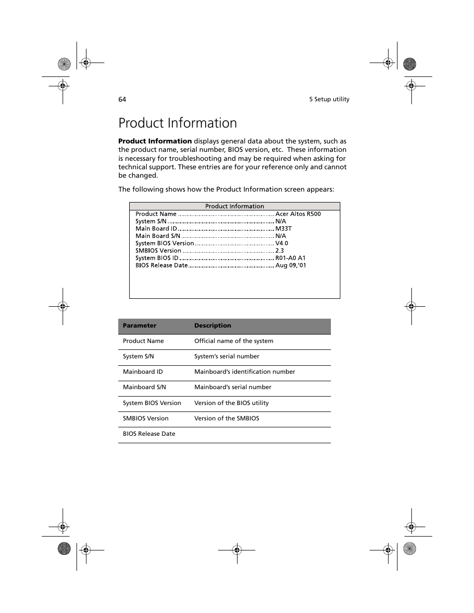 Product information | Acer Altos R500 User Manual | Page 74 / 142