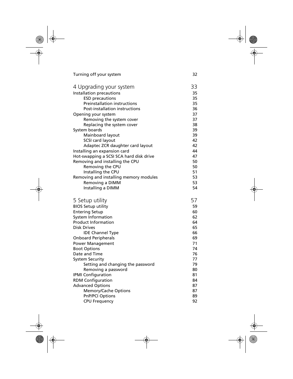 4 upgrading your system 33, 5 setup utility 57 | Acer Altos R500 User Manual | Page 8 / 142