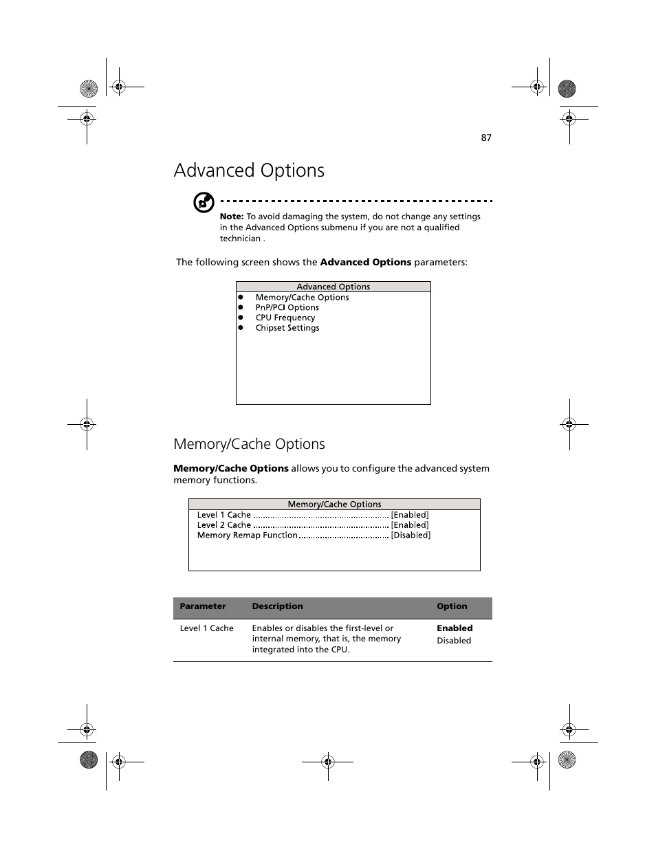 Advanced options, Memory/cache options | Acer Altos R500 User Manual | Page 97 / 142