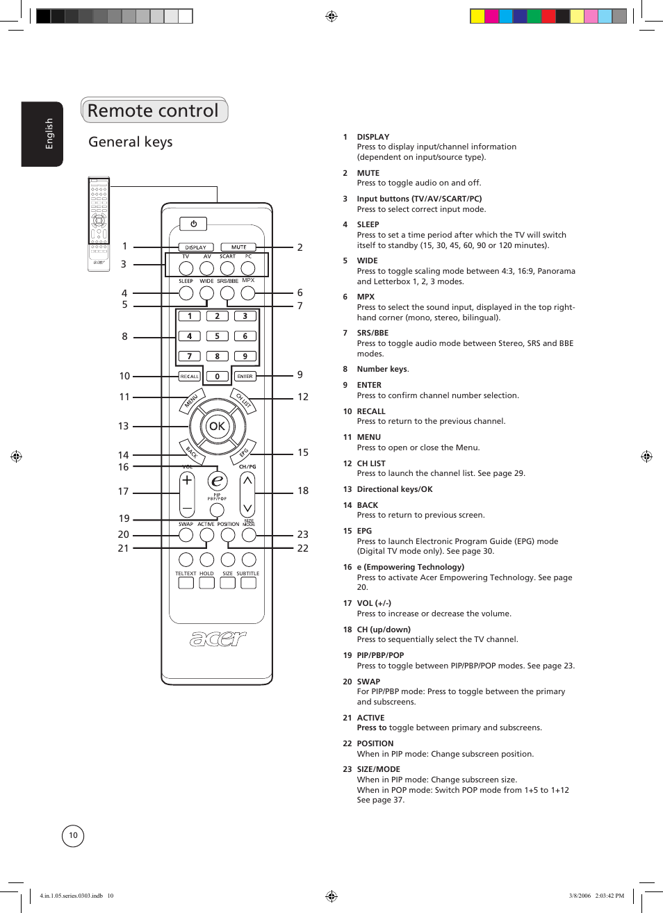 Remote control, General keys | Acer AT3705-MGW User Manual | Page 10 / 41