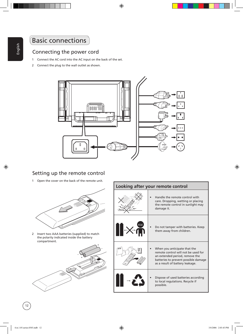 Basic connections, Connecting the power cord, Setting up the remote control | Looking after your remote control | Acer AT3705-MGW User Manual | Page 12 / 41