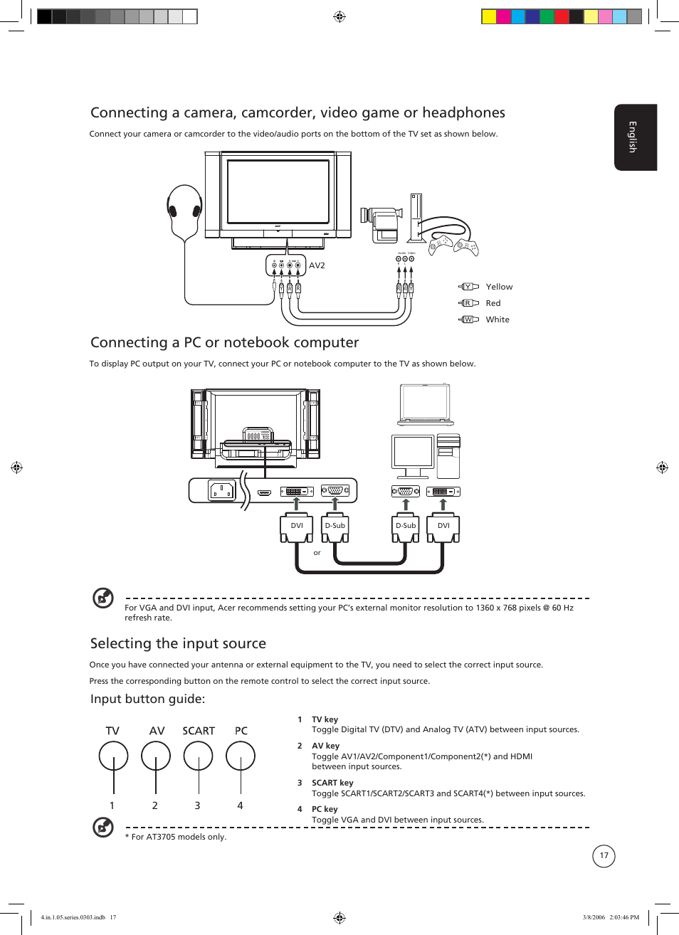 Selecting the input source, Input button guide | Acer AT3705-MGW User Manual | Page 17 / 41