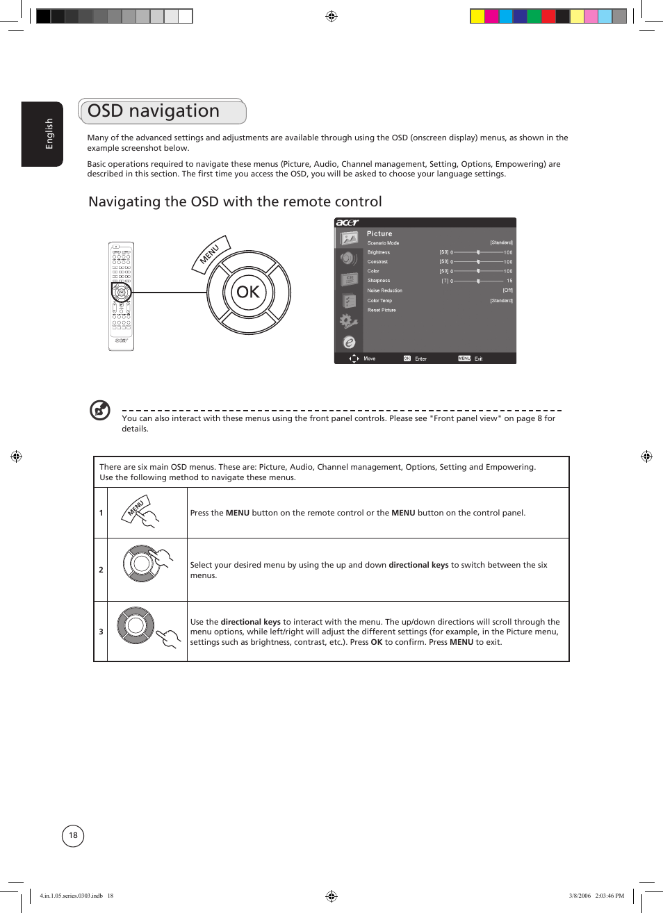 Osd navigation, Navigating the osd with the remote control | Acer AT3705-MGW User Manual | Page 18 / 41