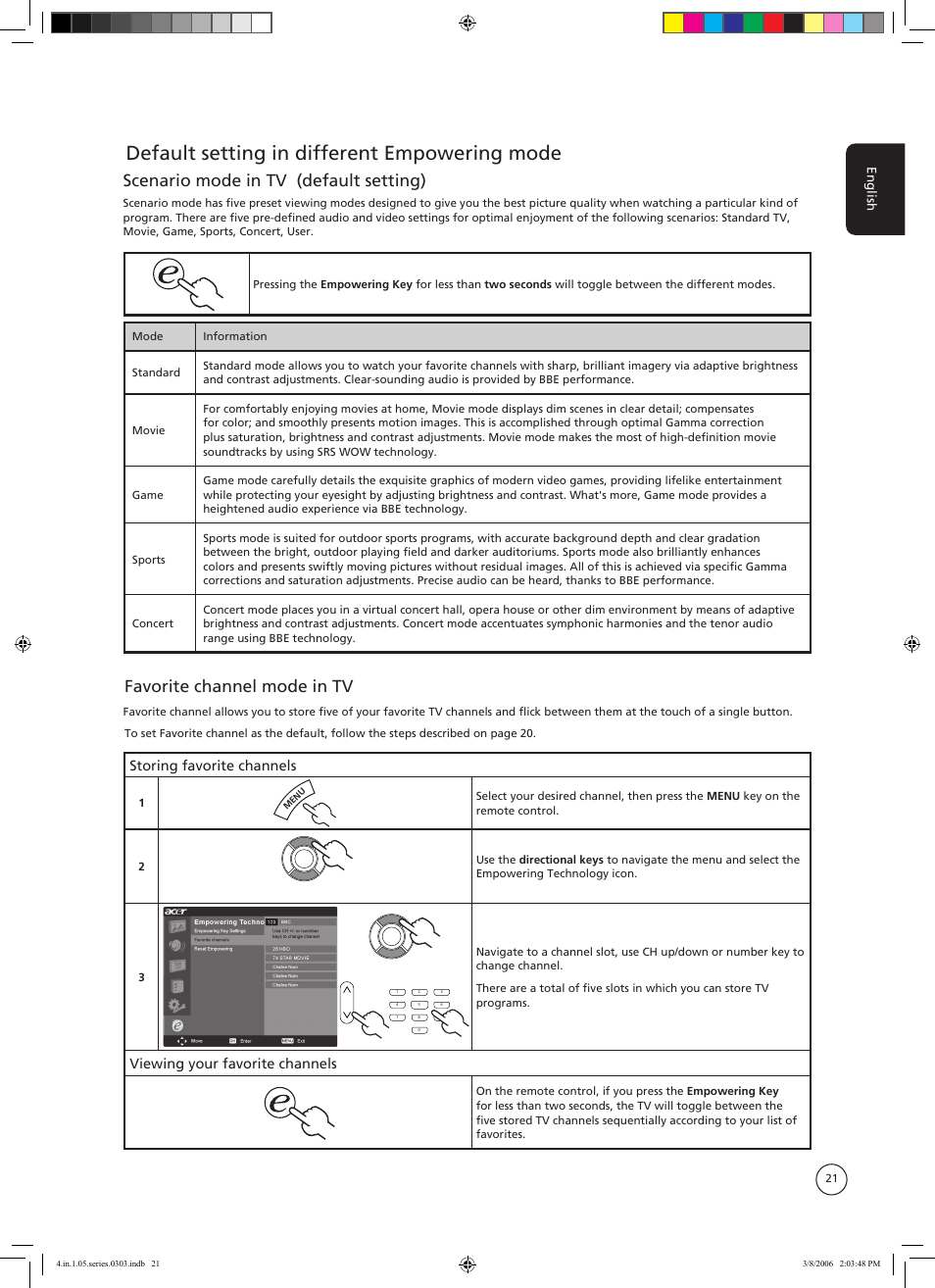 Default setting in different empowering mode, Scenario mode in tv (default setting), Favorite channel mode in tv | Storing favorite channels, Viewing your favorite channels | Acer AT3705-MGW User Manual | Page 21 / 41