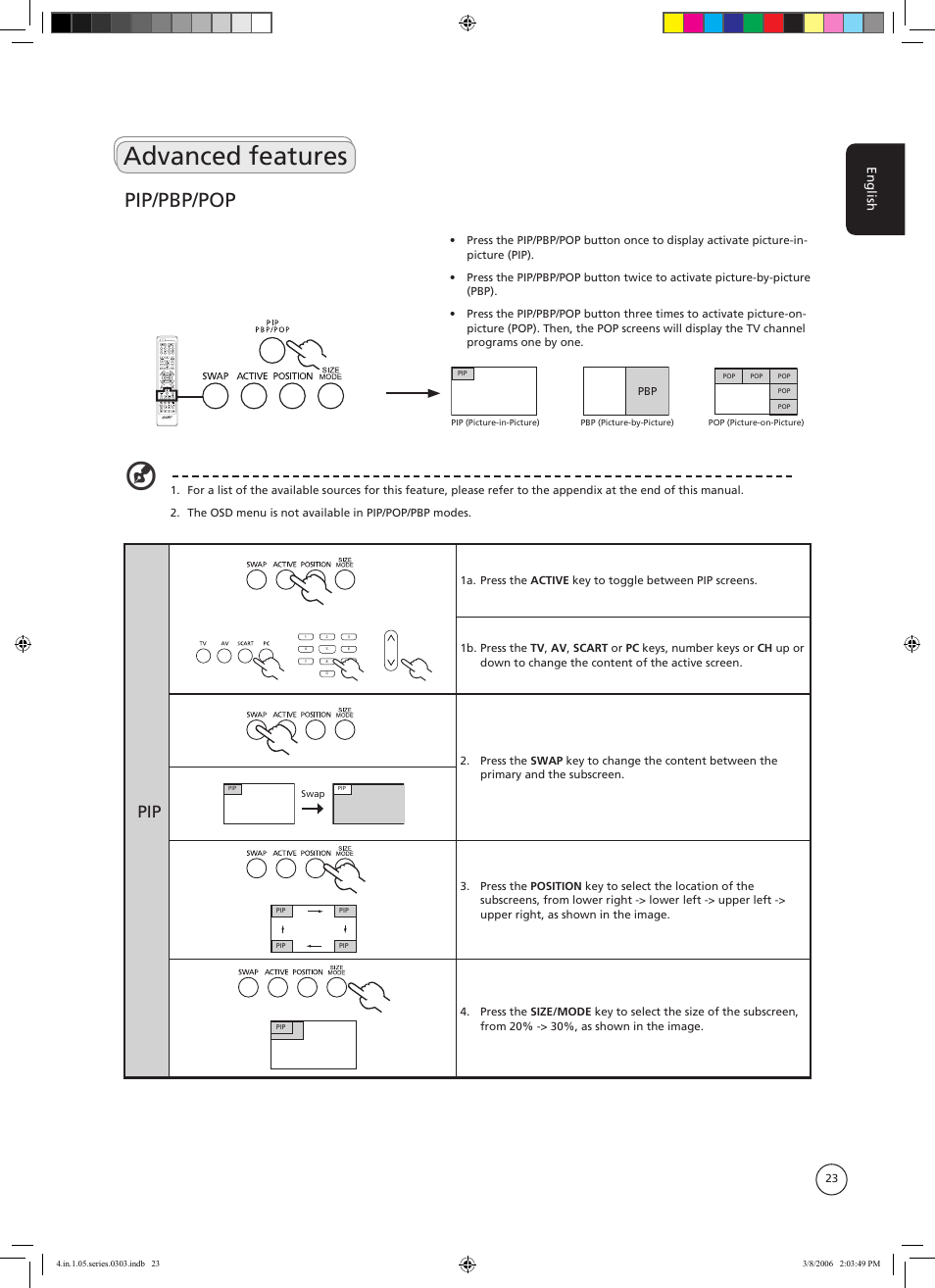 Advanced features, Pip/pbp/pop, English | Acer AT3705-MGW User Manual | Page 23 / 41