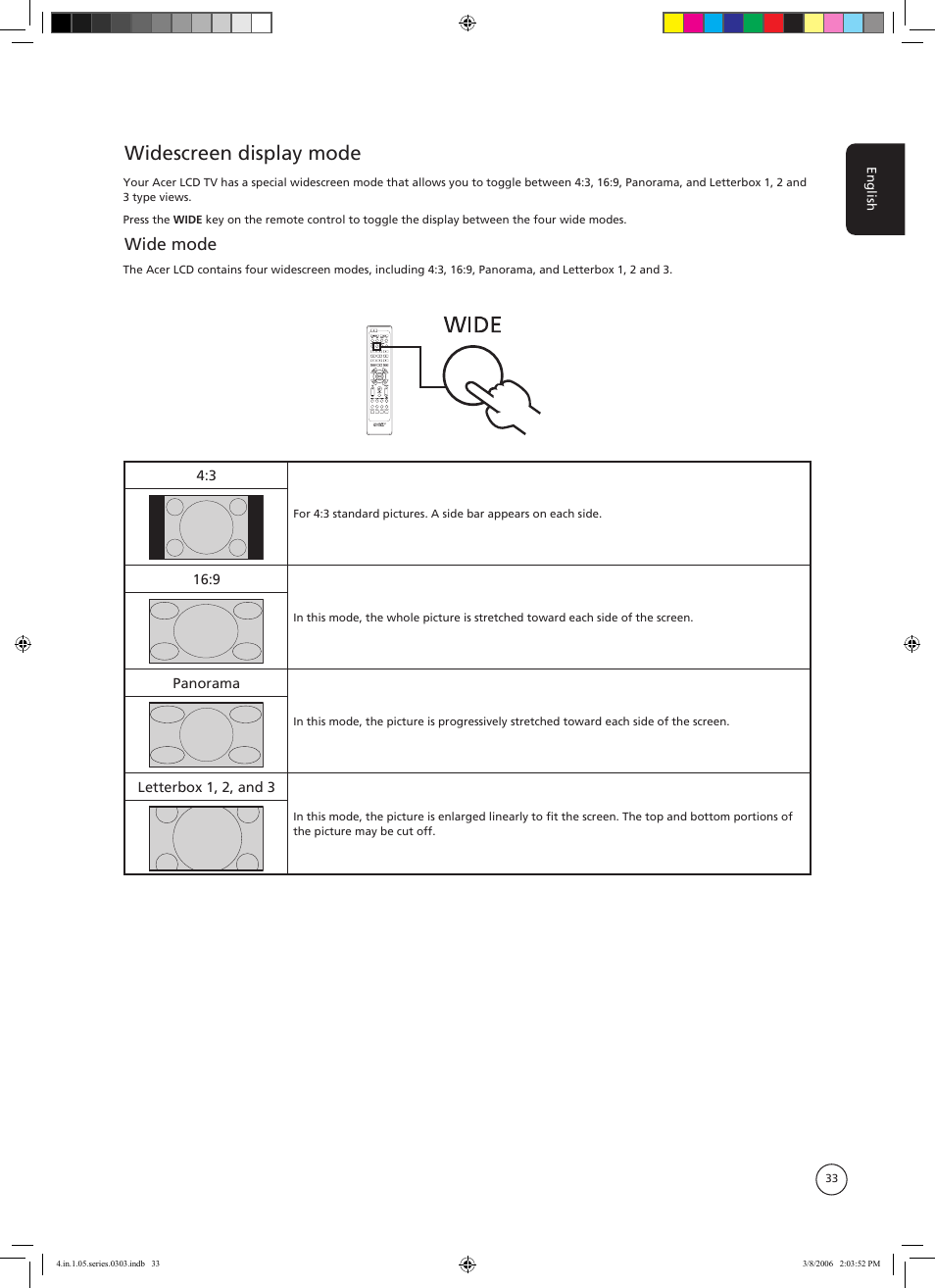 Widescreen display mode, Wide mode | Acer AT3705-MGW User Manual | Page 33 / 41