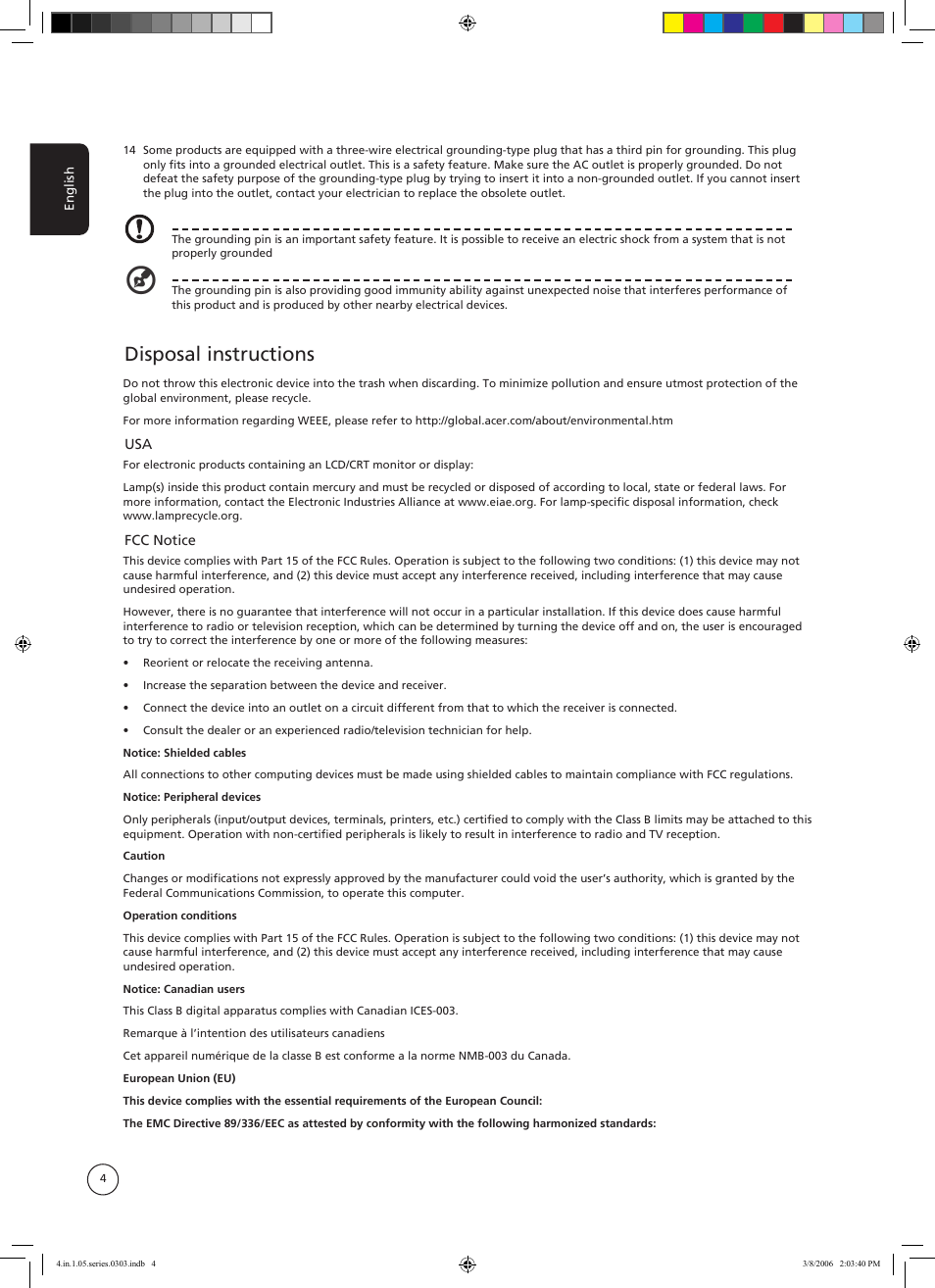 Disposal instructions | Acer AT3705-MGW User Manual | Page 4 / 41