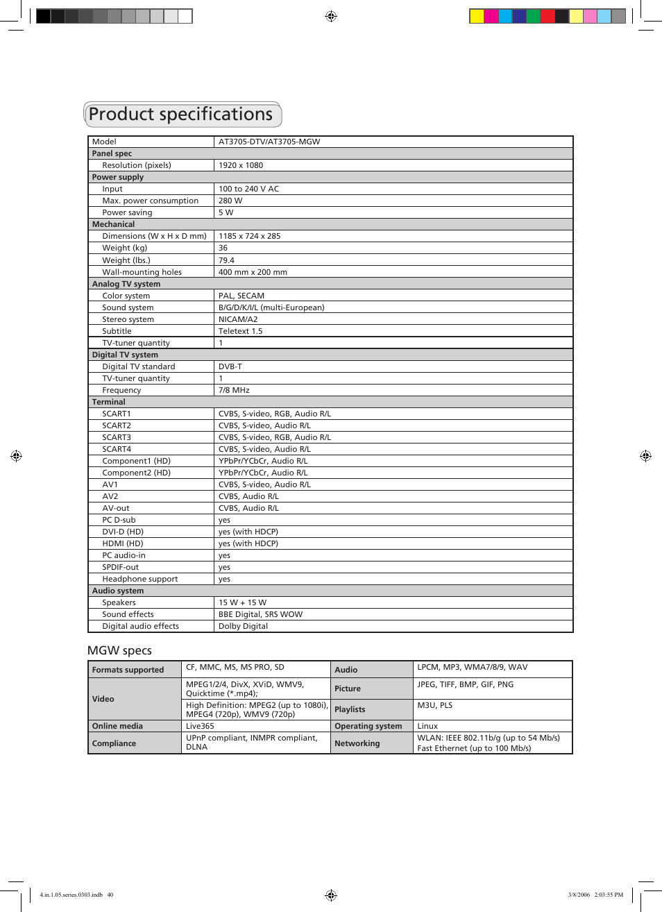 Product specifications, Mgw specs | Acer AT3705-MGW User Manual | Page 40 / 41