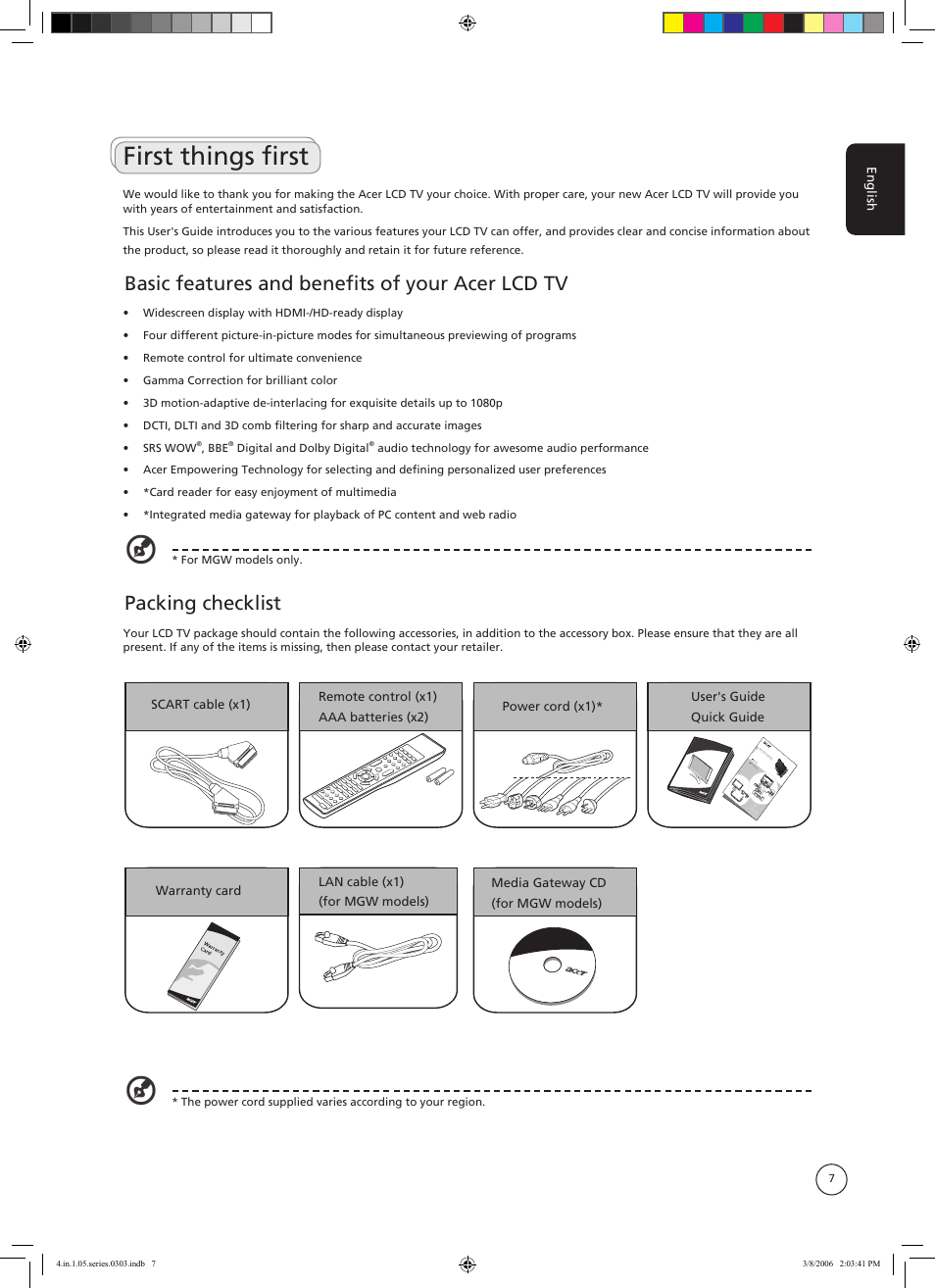 First things first, Basic features and benefits of your acer lcd tv, Packing checklist | Acer AT3705-MGW User Manual | Page 7 / 41