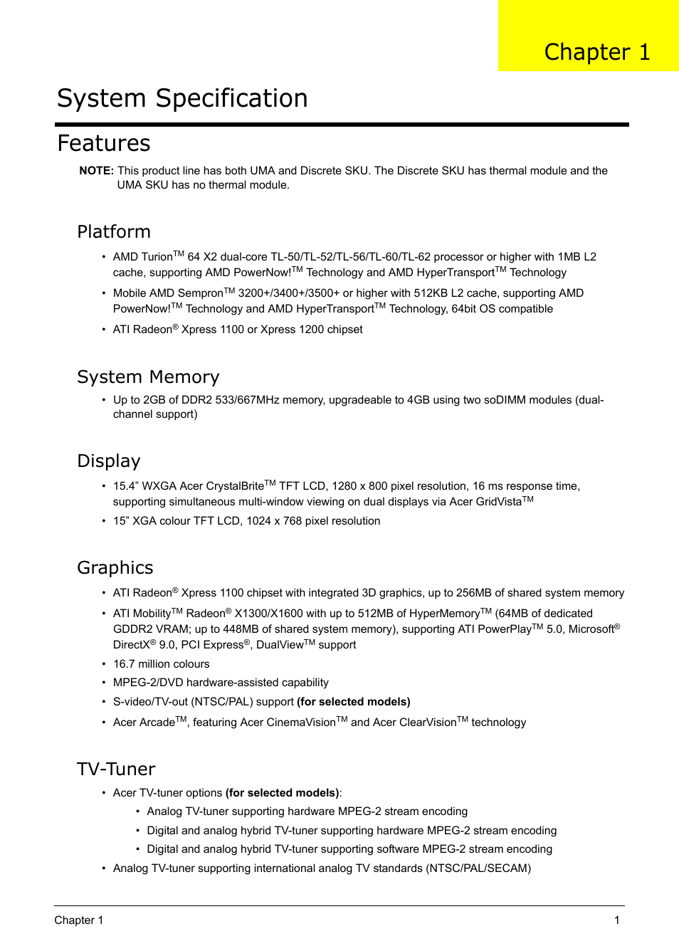 Features, Platform, System memory | Display, Graphics, Tv-tuner, System specification, Chapter 1 | Acer 5210 User Manual | Page 10 / 113