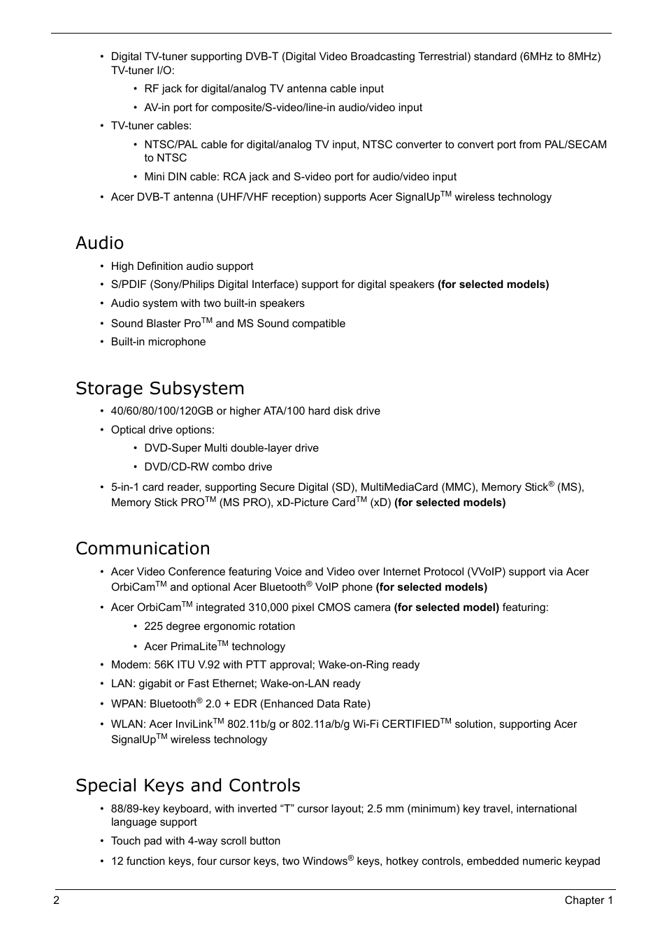 Audio, Storage subsystem, Communication | Special keys and controls | Acer 5210 User Manual | Page 11 / 113