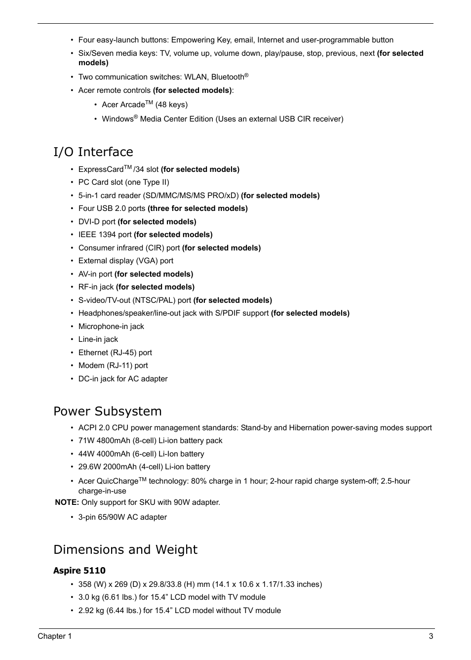 I/o interface, Power subsystem, Dimensions and weight | Acer 5210 User Manual | Page 12 / 113