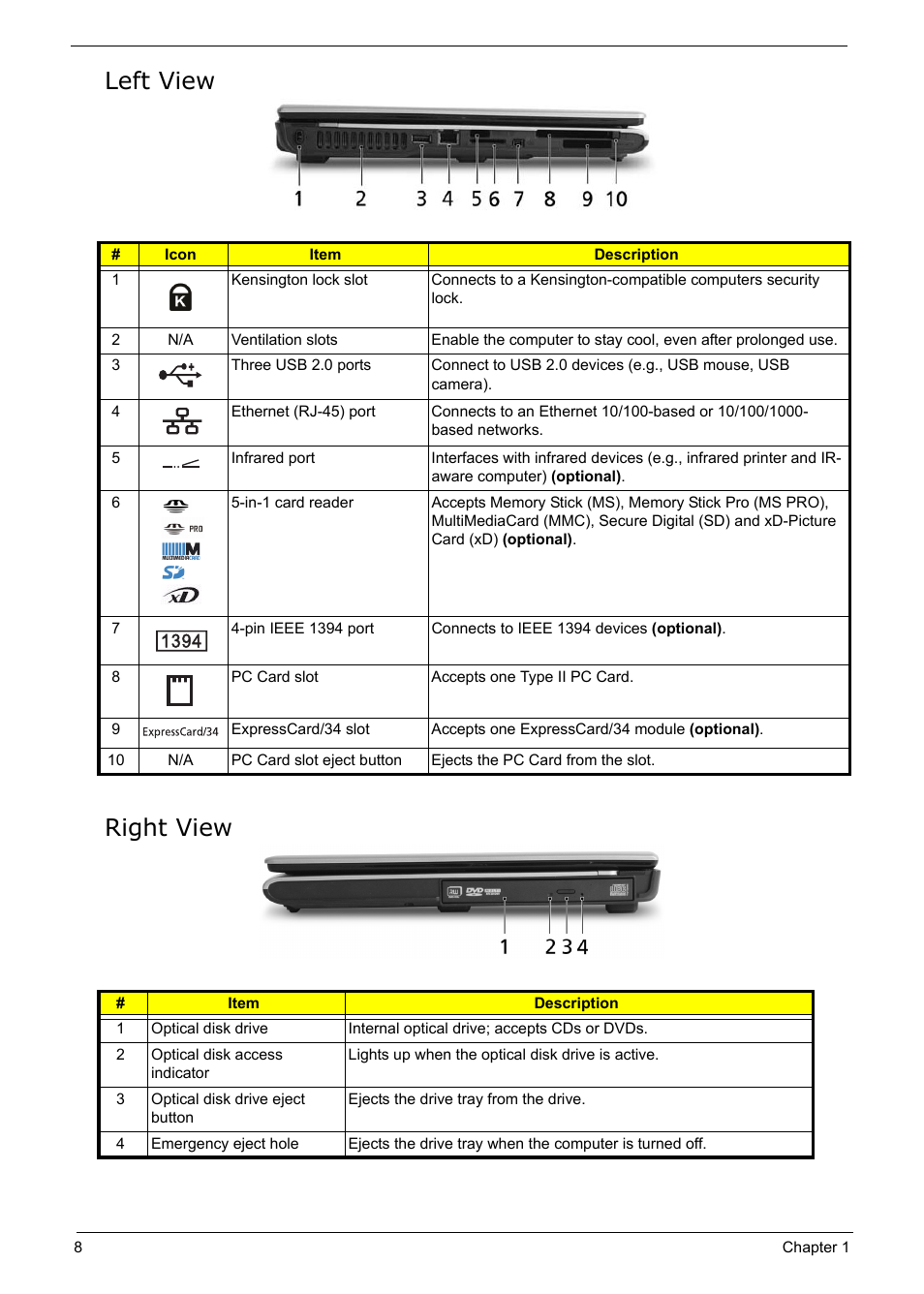 Left view, Right view, Left view right view | Icon item description | Acer 5210 User Manual | Page 17 / 113