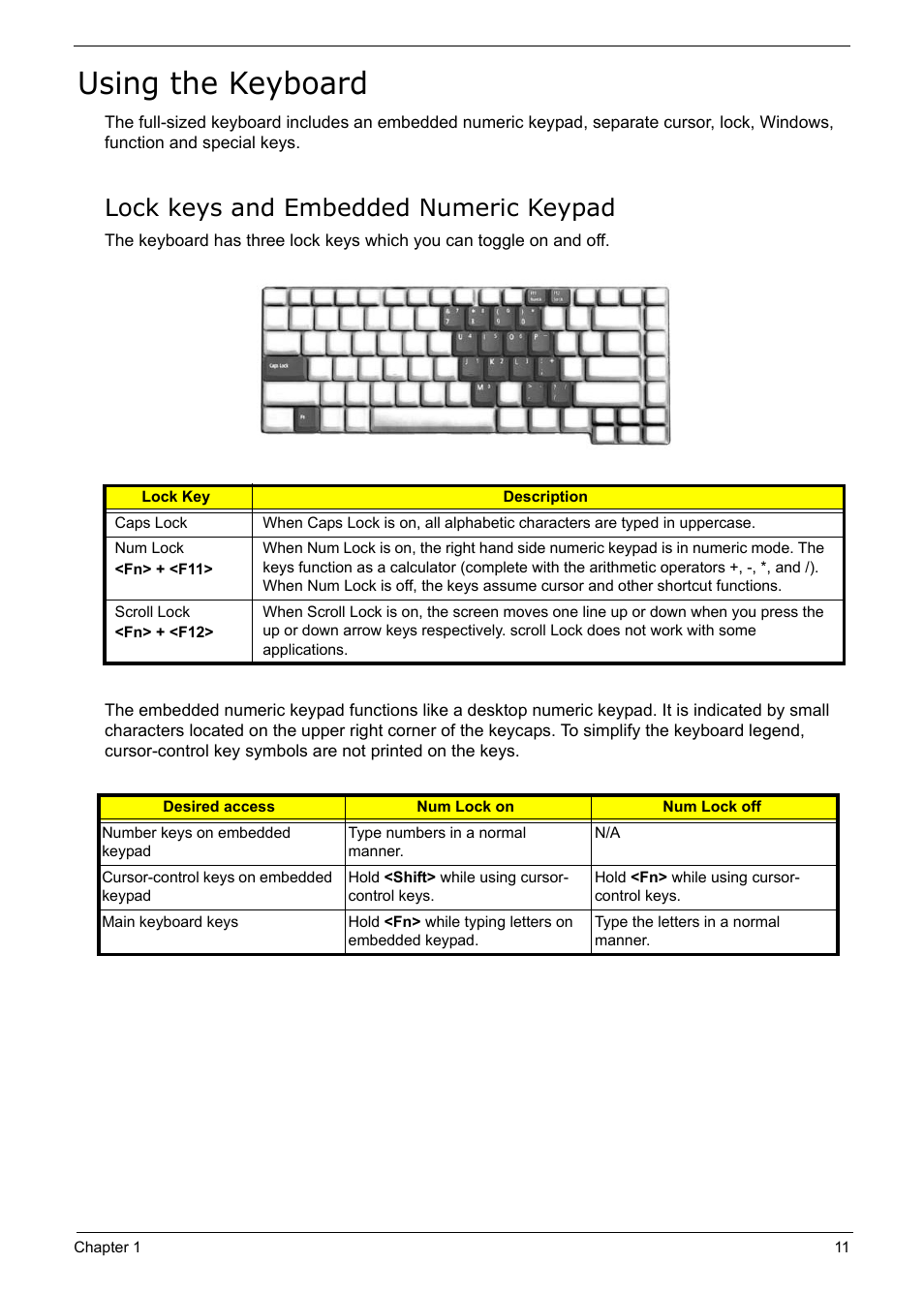 Using the keyboard, Lock keys and embedded numeric keypad | Acer 5210 User Manual | Page 20 / 113