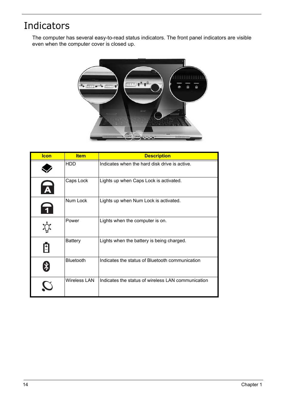 Indicators | Acer 5210 User Manual | Page 23 / 113