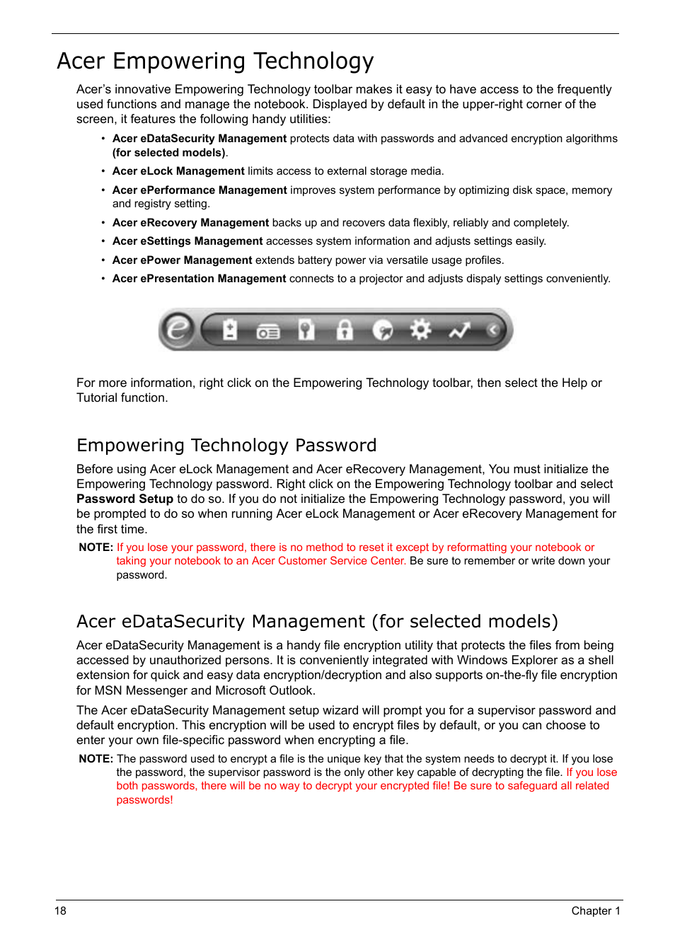 Acer empowering technology, Empowering technology password | Acer 5210 User Manual | Page 27 / 113