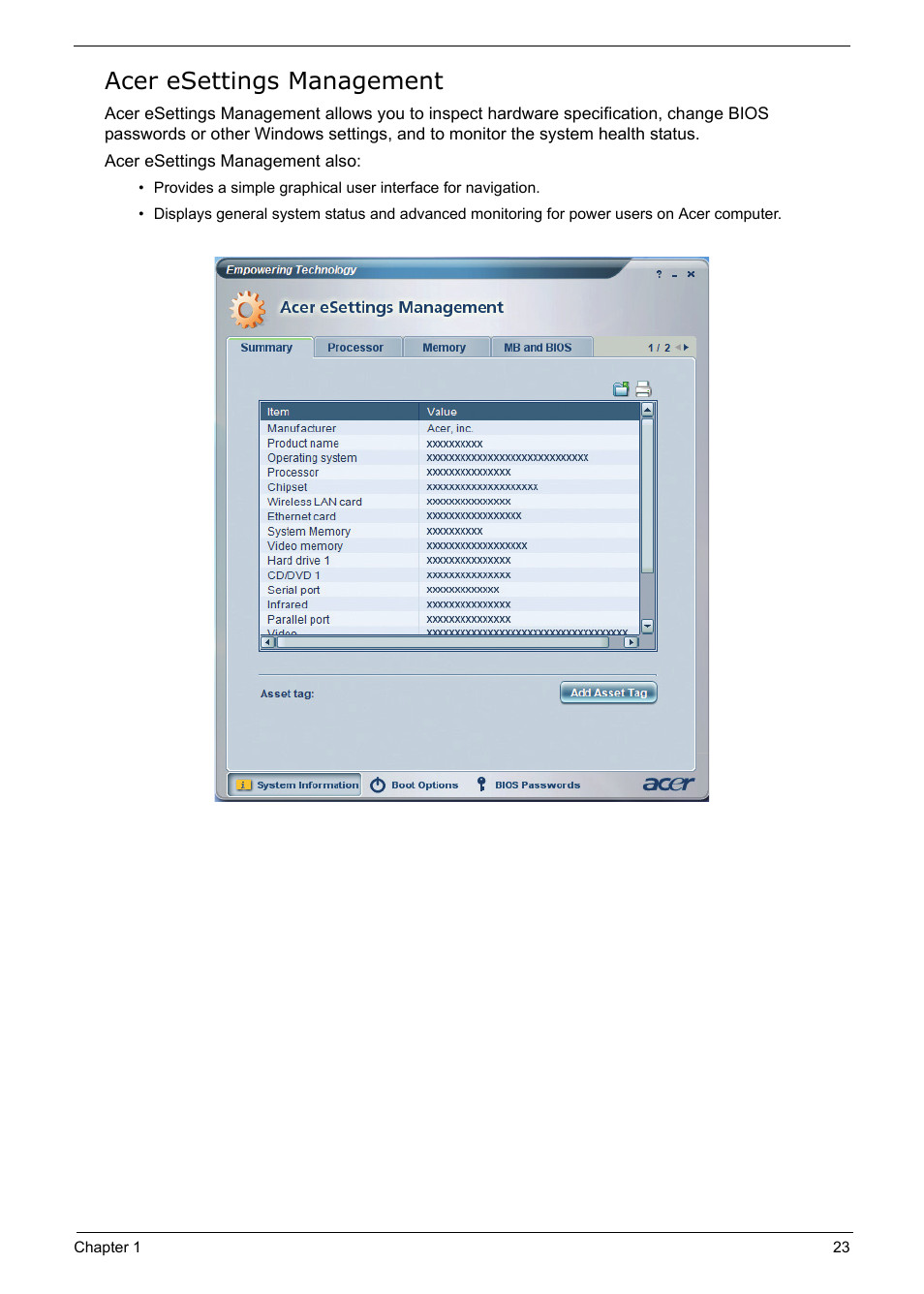 Acer esettings management | Acer 5210 User Manual | Page 32 / 113