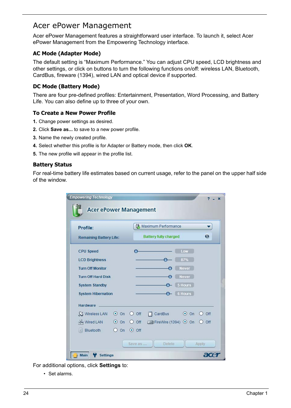 Acer epower management | Acer 5210 User Manual | Page 33 / 113