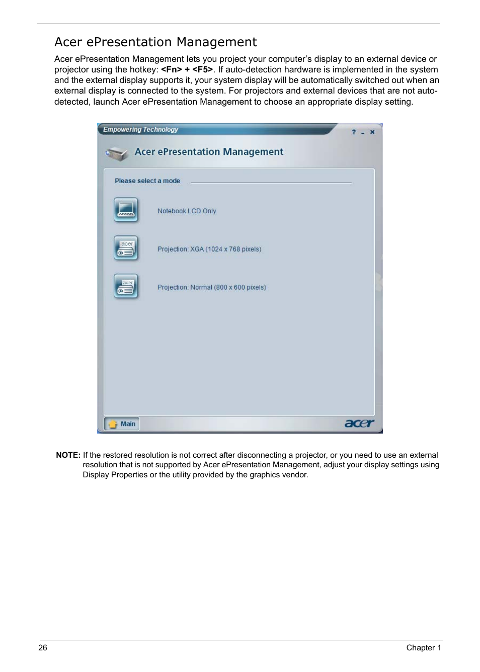 Acer epresentation management | Acer 5210 User Manual | Page 35 / 113