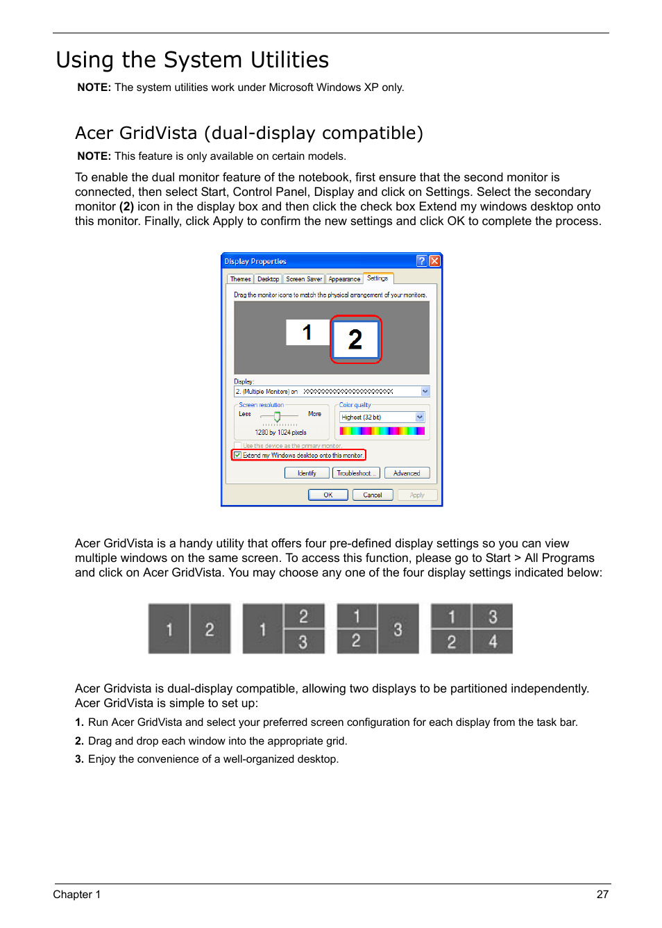 Using the system utilities, Acer gridvista (dual-display compatible) | Acer 5210 User Manual | Page 36 / 113