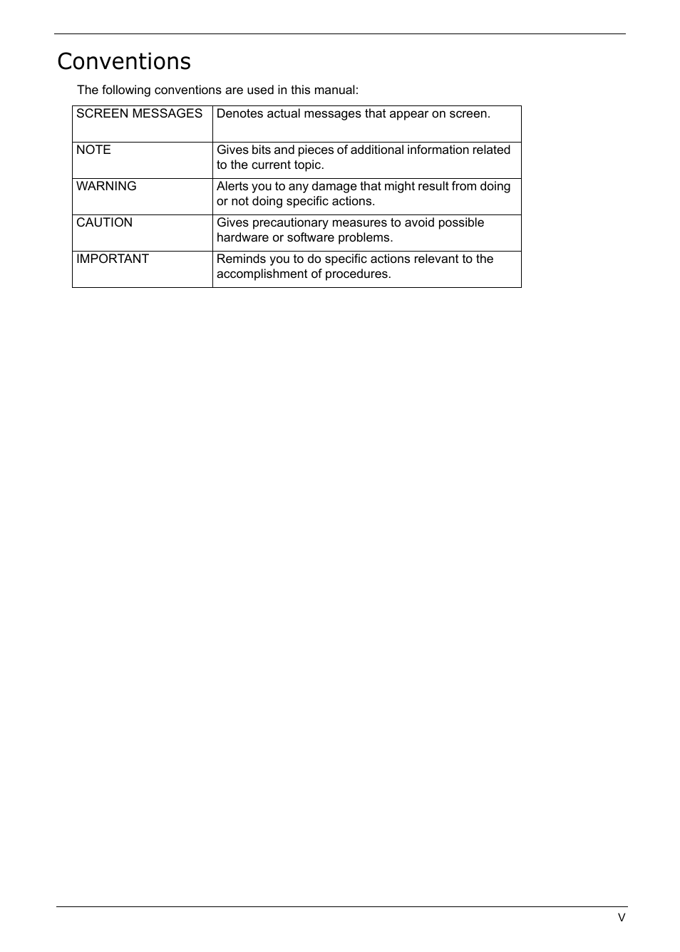 Conventions | Acer 5210 User Manual | Page 5 / 113