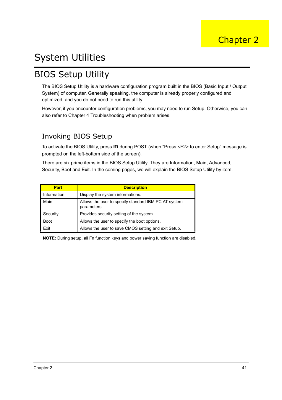 Invoking bios setup, System utilities, Bios setup utility | Chapter 2 | Acer 5210 User Manual | Page 50 / 113