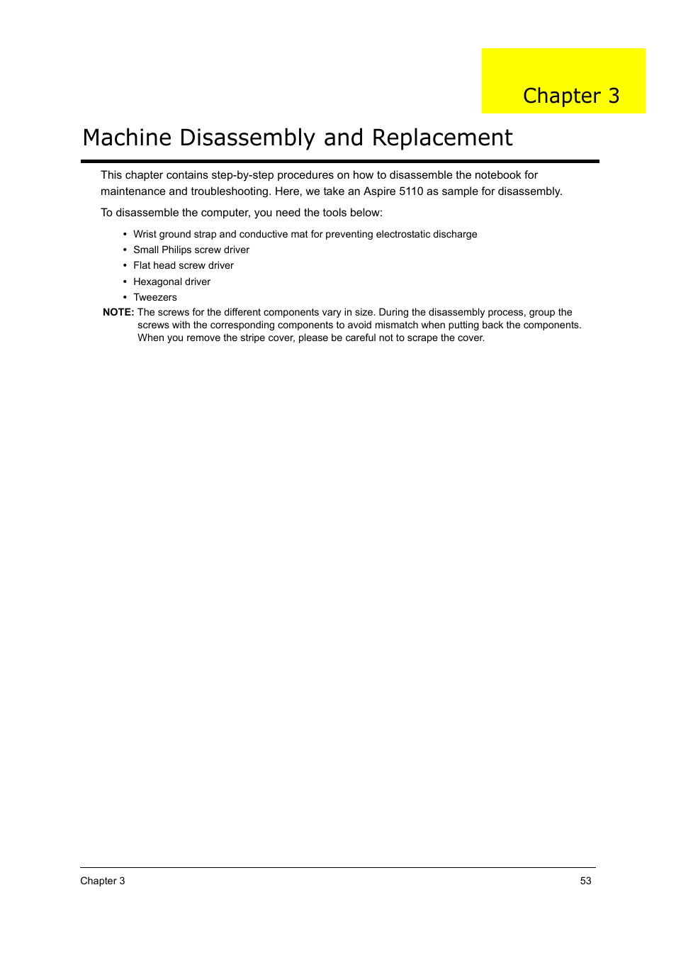 Machine disassembly and replacement, Chapter 3 | Acer 5210 User Manual | Page 62 / 113