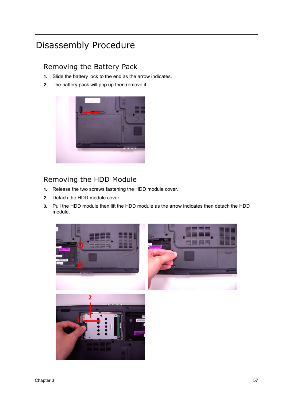 Removing the hdd module, Disassembly procedure, Removing the battery pack | Acer 5210 User Manual | Page 66 / 113