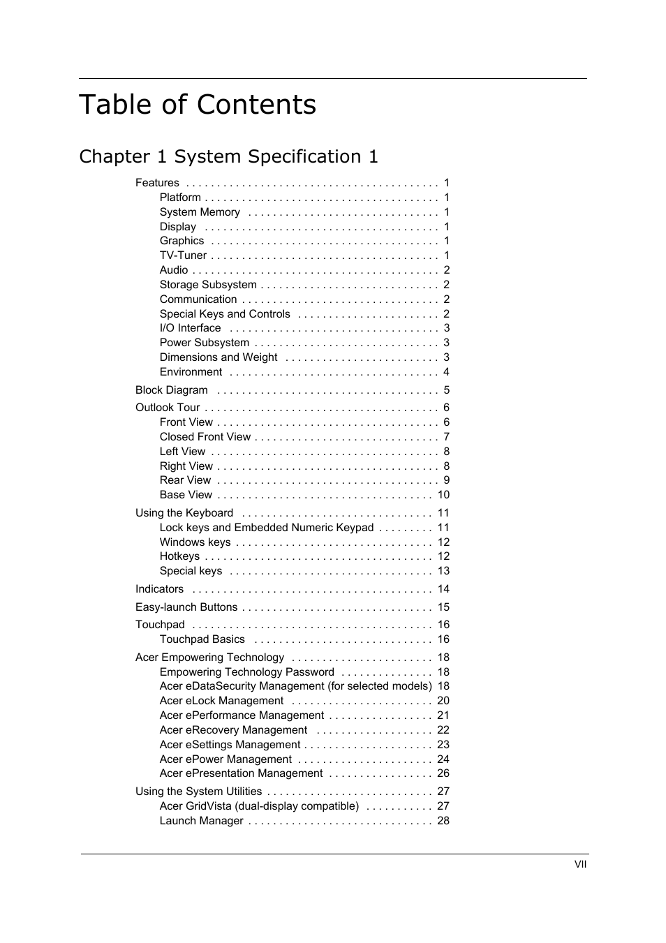 Acer 5210 User Manual | Page 7 / 113