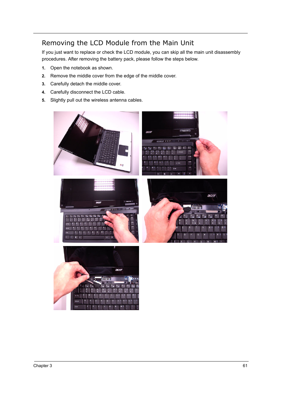 Removing the lcd module from the main unit | Acer 5210 User Manual | Page 70 / 113