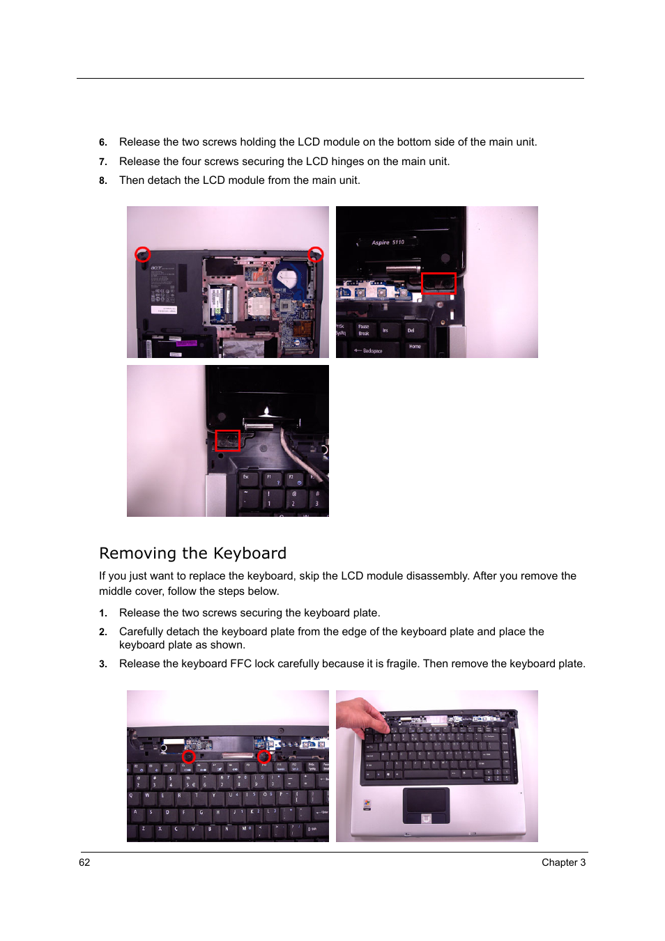 Removing the keyboard | Acer 5210 User Manual | Page 71 / 113