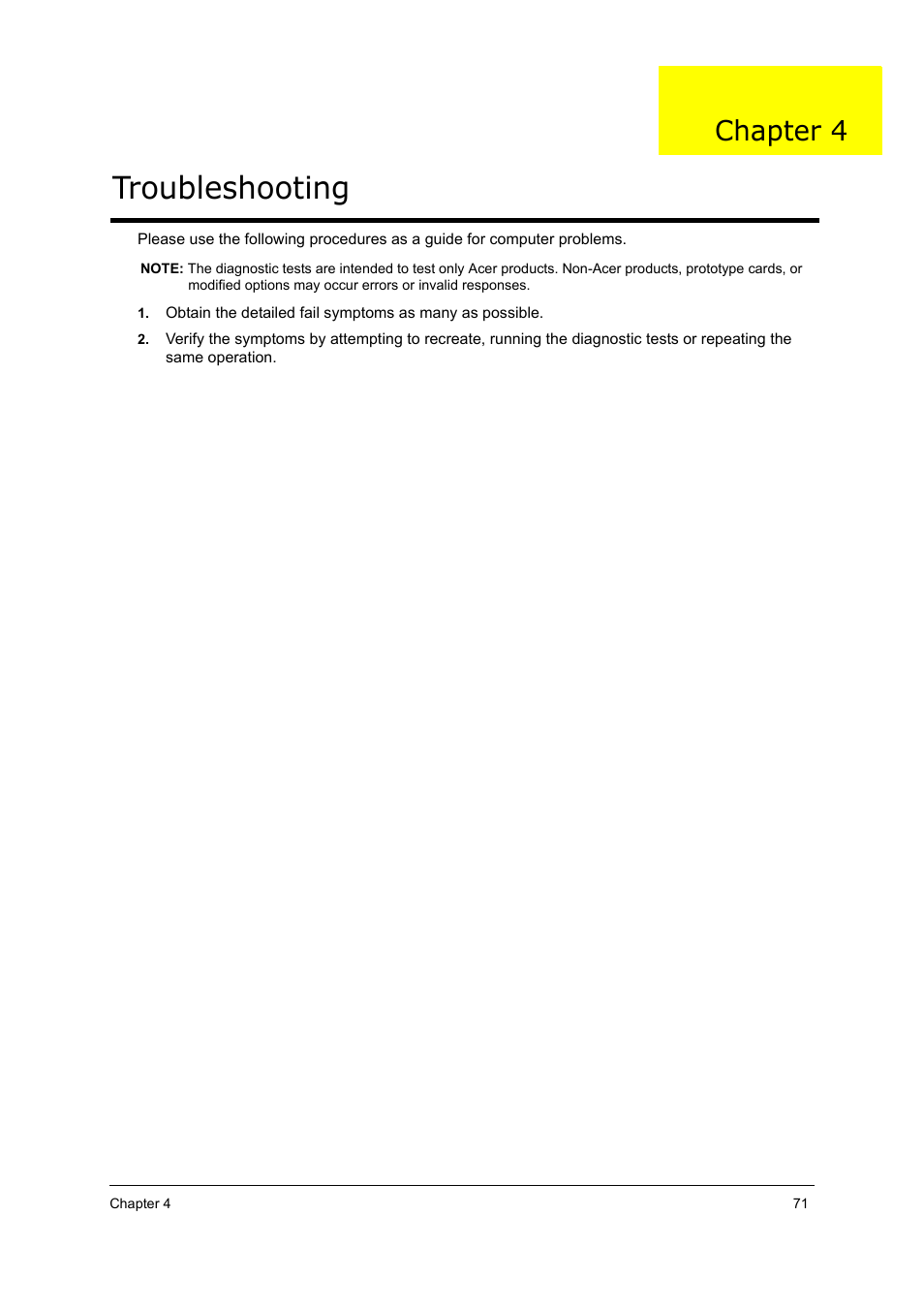 Troubleshooting, Chapter 4 | Acer 5210 User Manual | Page 80 / 113