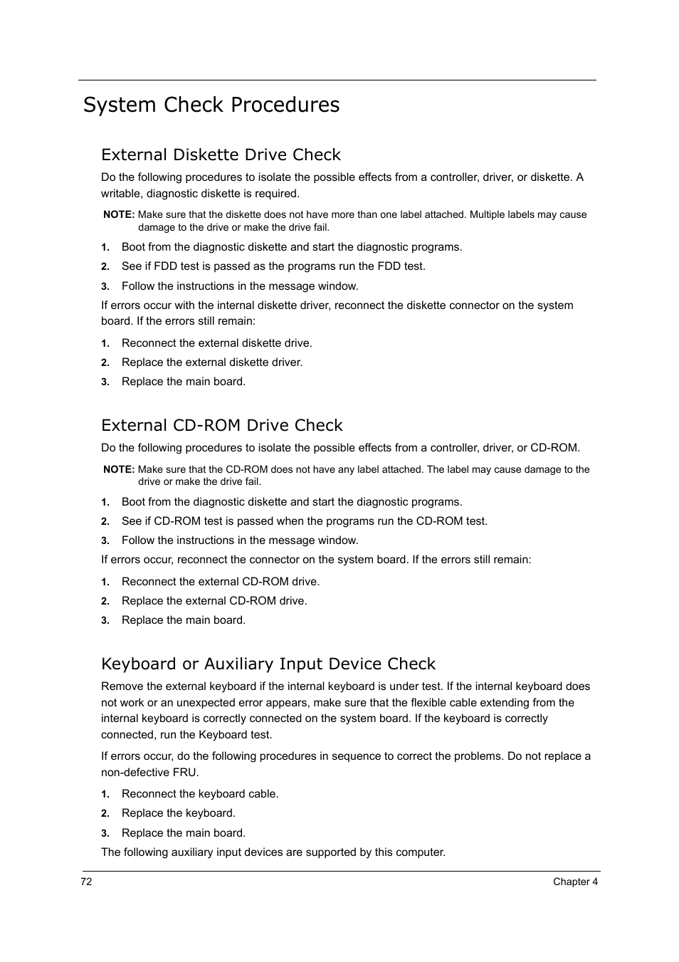 External cd-rom drive check, Keyboard or auxiliary input device check, System check procedures | External diskette drive check | Acer 5210 User Manual | Page 81 / 113